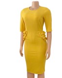 Autumn Yellow Half Sleeves O-Neck Midi Office Dress