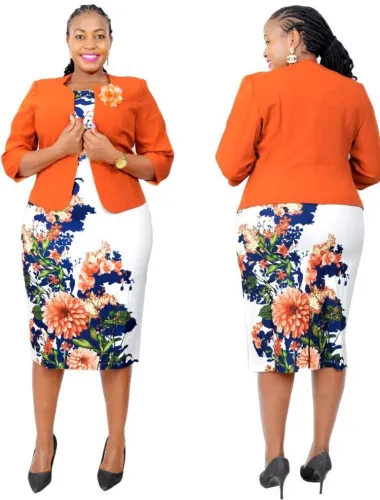 Autumn Orange Floral Print Mother Of The Bride Two Piece Dress