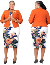 Vestido de dos piezas con estampado floral de otoño naranja para la madre de la novia