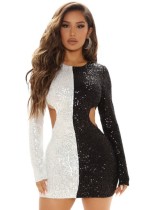 Winter White and Black Contrast Sequined Cut Out Long Sleeve Club Dress