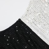 Winter White and Black Contrast Sequined Cut Out Long Sleeve Club Dress