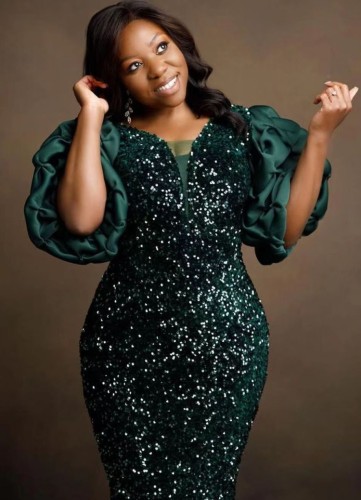 Autumn Green Sequined Puff Sleeve Formal Midi Dress