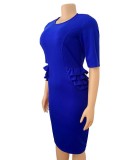Autumn Blue Half Sleeves O-Neck Midi Office Dress