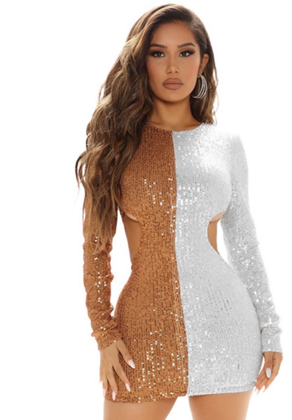 Winter White and Brown Contrast Sequined Cut Out Long Sleeve Club Dress