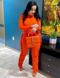 Winter Orange Tight Long Sleeve Shirt and Fringe Pants Two Piece Set