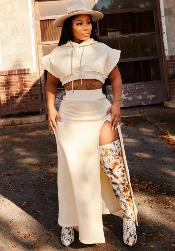 Autumn White Hood Crop Top and Slit Long Skirt Two Piece Set