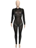 Autumn Black Beading Sexy Mesh Long Sleeve Party Jumpsuit