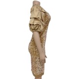 Autumn Gold Sequined Puff Sleeve Formal Midi Dress