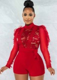 Autumn Red Lace Patch Long Sleeves Party Rompers