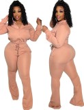 Winter Pink Zipped Hood Two Piece Pants Tracksuit