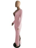 Winter Pink V-Neck Sexy Slit Botton Formal Long Sleeve Jumpsuit