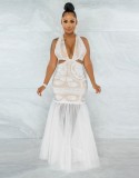 Autumn White Lace Mesh Patch Mermaid Halter Backless Long Party Dress