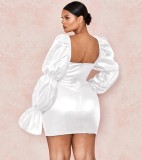 Autumn White Puff Sleeves Square Neck Mini Club Dress