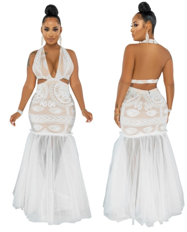 Autumn White Lace Mesh Patch Mermaid Halter Backless Long Party Dress