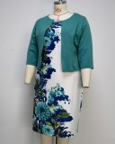 Autumn Green Floral Print Mother Of The Bride Two Piece Dress