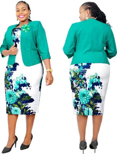 Autumn Green Floral Print Mother Of The Bride Two Piece Dress