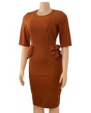 Autumn Brown Half Sleeves O-Neck Midi Office Dress