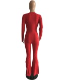 Winter Red V-Neck Sexy Slit Botton Formal Long Sleeve Jumpsuit