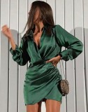 Autumn Dark Green Satin Elegant V-Neck Wrap Mini Party Dress