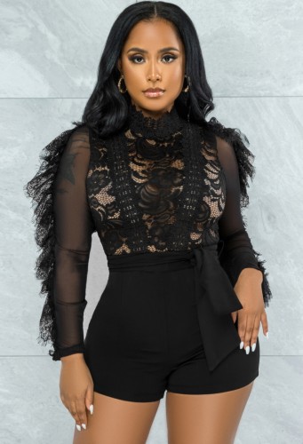 Autumn Black Lace Patch Long Sleeves Party Rompers