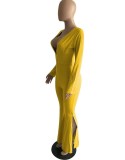 Winter Yellow V-Neck Sexy Slit Botton Formal Long Sleeve Jumpsuit