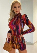 Herbst Multicolor Print Rollkragenpullover mit langen Ärmeln Mini Bodycon Kleid