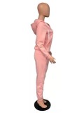 Winter Pink Zipped Hood Two Piece Pants Plus Size Tracksuit