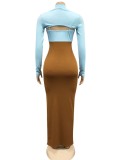 Winter Contrast Color Cut Out Front Slit Knitting Long Bodycon Dress
