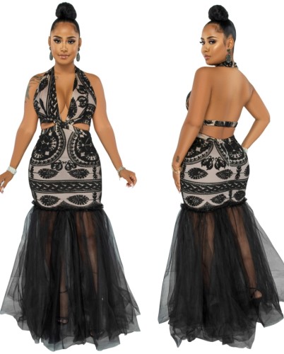 Autumn Black Lace Mesh Patch Mermaid Halter Backless Long Party Dress