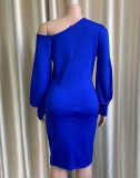 Autumn Blue Puff Sleeve Slash Shoulder Formal Midi Dress