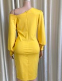 Autumn Yellow Puff Sleeve Slash Shoulder Formal Midi Dress