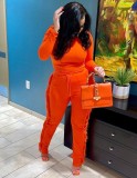 Winter Orange Tight Long Sleeve Shirt and Fringe Pants Two Piece Set