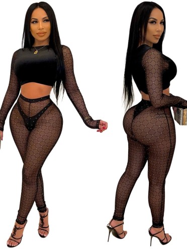 Autumn Black Beading Sexy Crop Top and Mesh Pants Two Piece Set