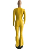 Winter Yellow V-Neck Sexy Slit Botton Formal Long Sleeve Jumpsuit