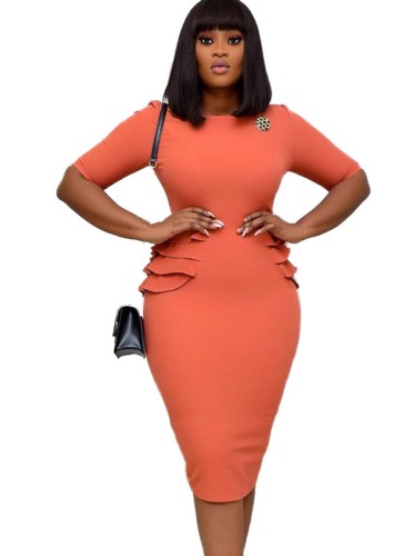 Autumn Orange Half Sleeves O-Neck Midi Office Dress