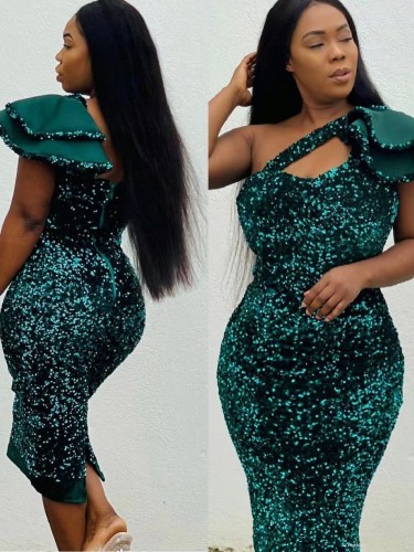 Autumn Green Sequined One Shoulder Formal Midi Dress