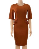 Autumn Brown Half Sleeves O-Neck Midi Office Dress
