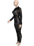 Autumn Black Beading Sexy Mesh Long Sleeve Party Jumpsuit