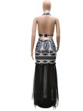 Autumn Black Lace Mesh Patch Mermaid Halter Backless Long Party Dress