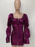 Autumn Purple Puff Sleeves Square Neck Mini Club Dress