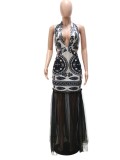 Autumn Black Lace Mesh Patch Mermaid Halter Backless Long Party Dress