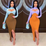 Winter Contrast Color Cut Out Front Slit Knitting Long Bodycon Dress