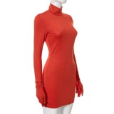 Winter Sexy Red High Neck Long Sleeve Bodycon Dress