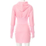 Winter Pink Long Sleeve Hoody Tight Casual Dress