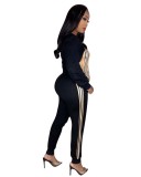 Winter Wholesale womens Stripes Patch Black Long Sleeve Top and Match Pants 2 piece sets