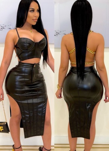 Spring cheap Wholesale Black PU Leather Backless Cropped Tank and High Waist Irregular Skirt Two Piece Sets