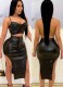 Spring cheap Wholesale Black PU Leather Backless Cropped Tank and High Waist Irregular Skirt Two Piece Sets