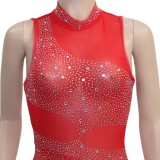 Spring Sexy Red Mesh Patch Beaded Sleeveless Party Jumpsuit