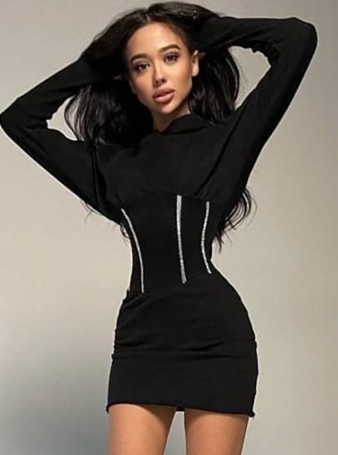 Winter Black Long Sleeve Hoody Tight Casual Dress