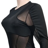 Winter Sexy Black Mesh Patch See Trough Long Sleeve Party Jumpsuit